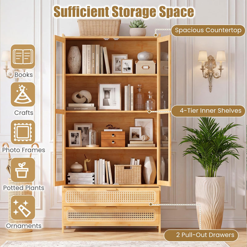 GIANTEX 54.5" Tall 6-Tier Freestanding Bamboo Bookshelf with 2 Acrylic Doors and 2 Drawers