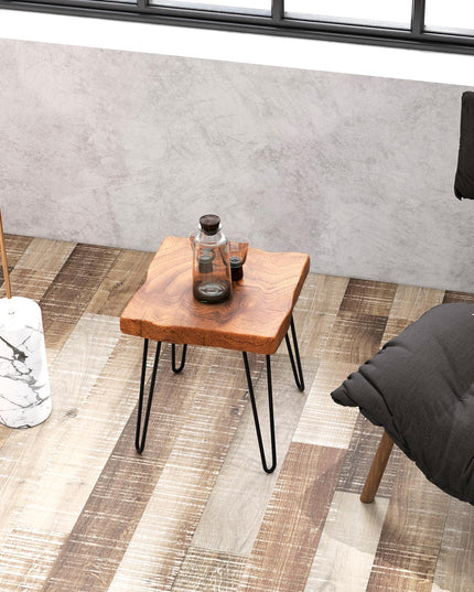 Giantex Teak Wood End Table, Solid Live Edge Outdoor Side Table w/Natural Grain & Heavy-Duty Metal Legs