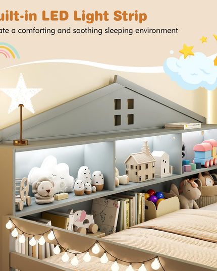 Giantex Twin/Full Size Montessori Wooden Floor Bed with LED Lights