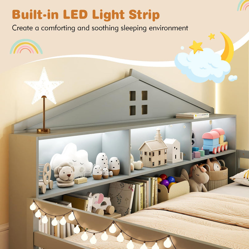 Giantex Twin/Full Size Montessori Wooden Floor Bed with LED Lights