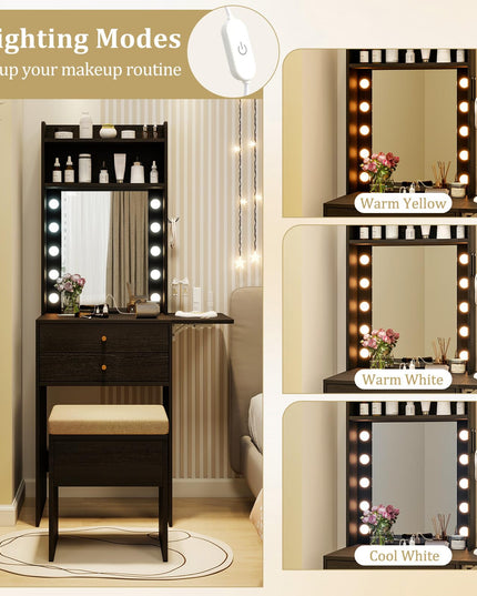 CHARMAID Small Vanity Desk with Mirror and Lights, Makeup Vanity Table with Charging Station, Drawers, Shelves, Foldable Side Table