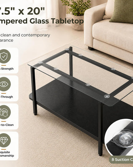 GIANTEX 37.5" Glass Coffee Table | 2-Tier Center Table with Storage