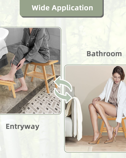 Bamboo Shower Bench with Foot Stool, Shower Seat Bench with Underneath Storage Shelf