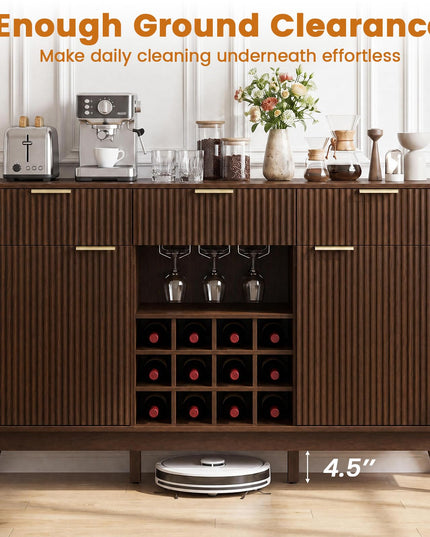 GIANTEX 60" Fluted Wine Bar Cabinet with 3 Stoarge Drawers & Wine Rack
