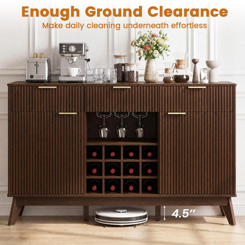 GIANTEX 60" Fluted Wine Bar Cabinet with 3 Stoarge Drawers & Wine Rack