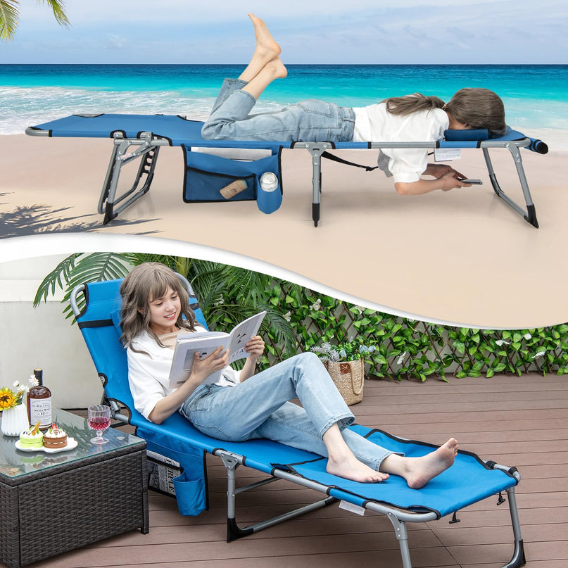 Giantex Folding Beach Tanning Chair - Outdoor Chaise Lounge Chair, 5-Position Adjustable Lounger with Face Hole