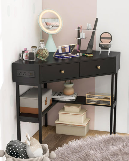 Giantex Corner Desk with Charging Station, 90 Degree Triangle Computer Desk with 2 Drawers & Storage Shelf