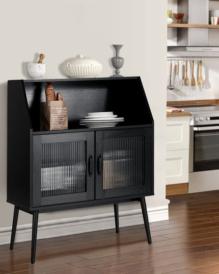 Giantex Buffet Cabinet with Storage, Farmhouse Sideboard with Open Shelves & Tempered Glass Door