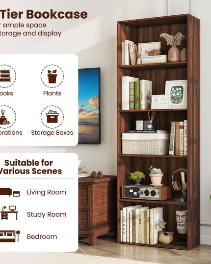 Giantex Tall Bookcase with 5 Open Compartments for Living Room