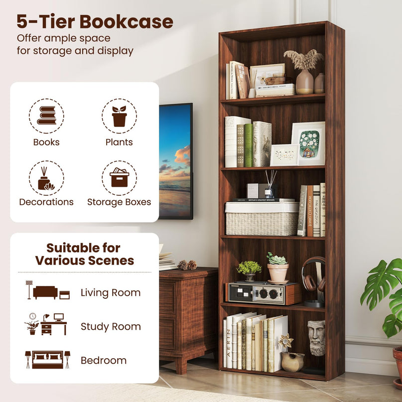 Giantex Tall Bookcase with 5 Open Compartments for Living Room