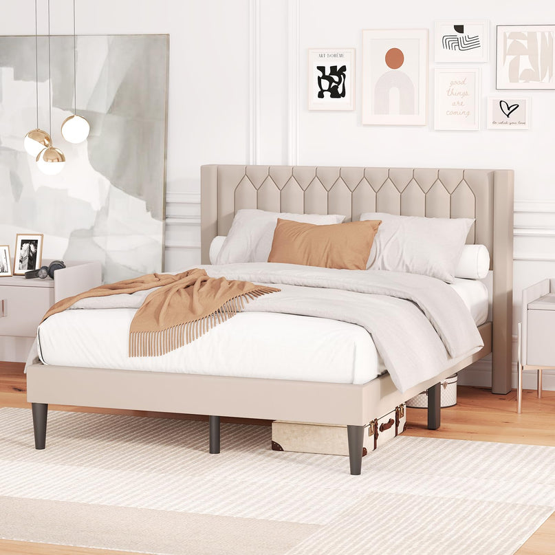 Giantex Queen Size Dutch Velvet Upholstered Platform Bed with Wingback Headboard