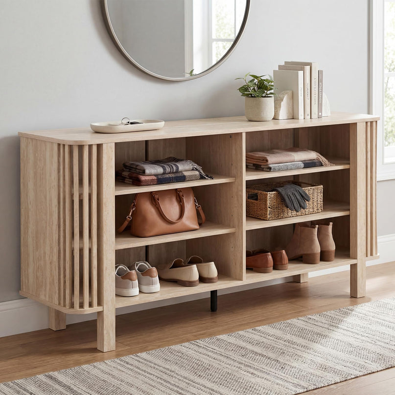 Meuble TV Giantex de 150 cm pour téléviseurs jusqu'à 55 pouces avec étagères réglables et décoration à lattes unique
