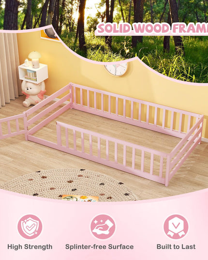 Giantex  Floor Bed with Door & Fence Kids Wood Montessori Bed