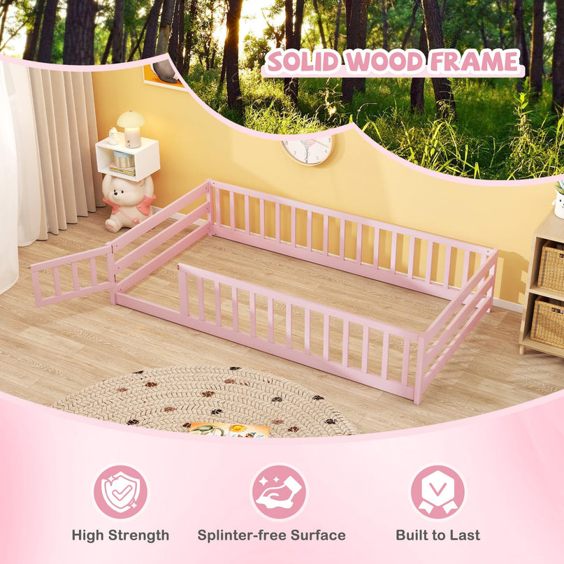 Giantex  Floor Bed with Door & Fence Kids Wood Montessori Bed
