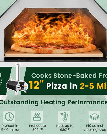Giantex Outdoor Pizza Oven, Wood Pellet Fired Pizza Grill with 12'' Pizza Stone, Pizza Peel, (Black & Silver)