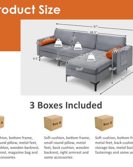 Giantex 97" Large Couch, 3 Seat Sectional Sofa Set, L-Shaped Modular Sleeper with Chaise Lounge & USB Port & Socket