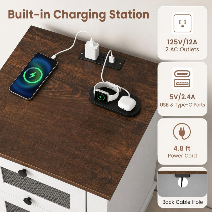 GIANTEX 2-Drawer Nightstand with Charging Station & Open Storage (1/2)