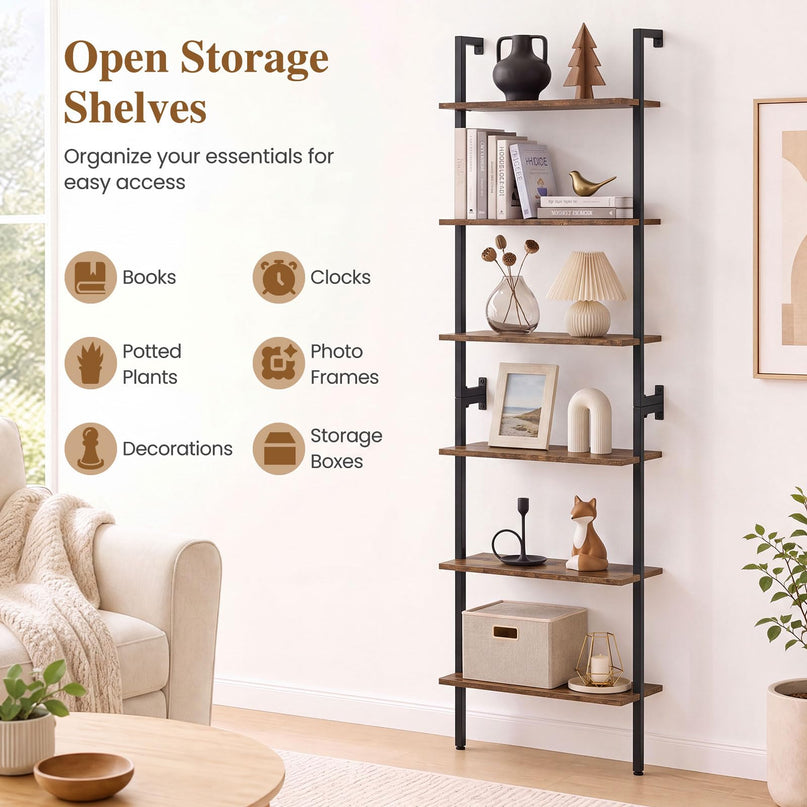 GIANTEX Ladder Shelf | 6-Tier Wall Mounted Bookshelf with Metal Frame (1/2)