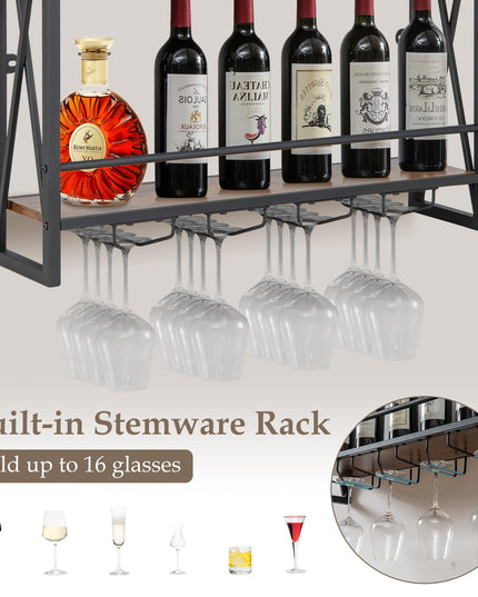 Giantex Industrial Wall-Mounted Wine Rack, 3 Tiers Metal Hanging Wine Shelf with Glass Holder