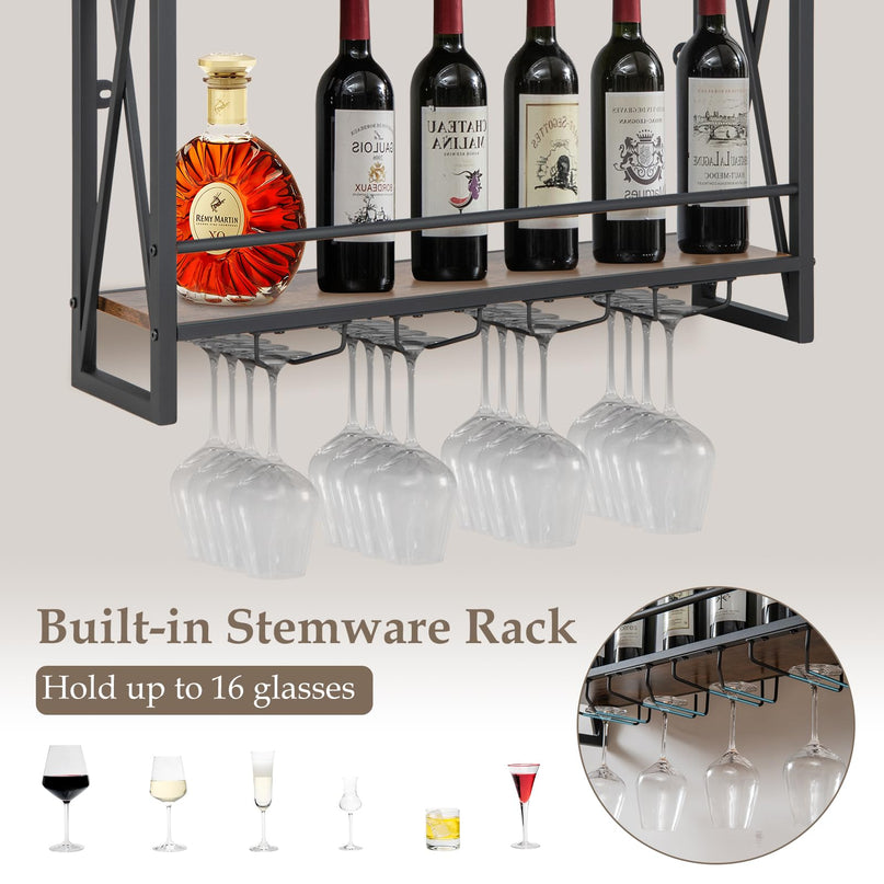 Giantex Industrial Wall-Mounted Wine Rack, 3 Tiers Metal Hanging Wine Shelf with Glass Holder