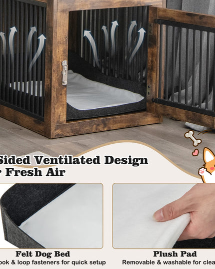 Giantex Dog Crate Furniture, Dog Kennel End Table with Chew-Proof Metal Fence, Lockable Door