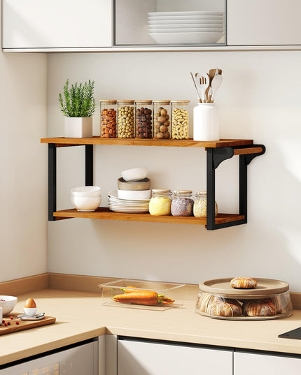 Giantex Teak Wood Bathroom Floating Wall Shelves 40.5" Long 2-Tier Storage Rack