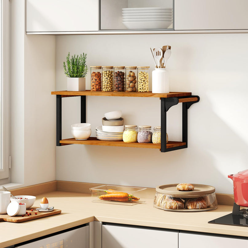 Giantex Teak Wood Bathroom Floating Wall Shelves 40.5" Long 2-Tier Storage Rack