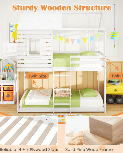 Giantex White Wood Bunk Bed Twin Over Twin with Ladder and Guardrail