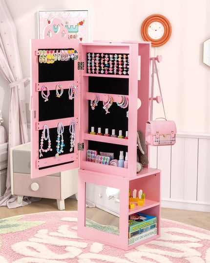 CHARMAID Kids Mirror Jewelry Cabinet - 47" Standing Jewelry Armoire with Full Length Mirror