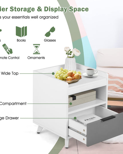 Giantex Nightstand with Drawer, 3-Tier Bedside Table with Storage Drawer & Open Compartment