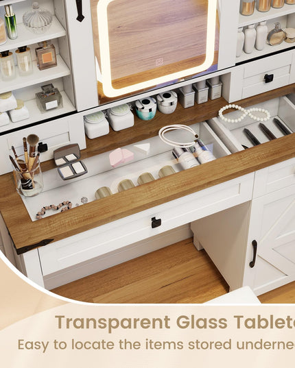 CHARMAID Farmhouse Vanity Desk with Barn-Style Sliding Mirror, Lights & Stool (42" Wide,White & Brown)