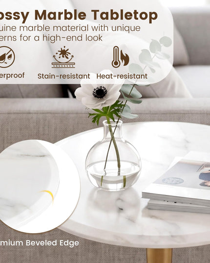 Giantex Round Marble Side Table w/Stone Finish & Wooden Pedestal (1/2)