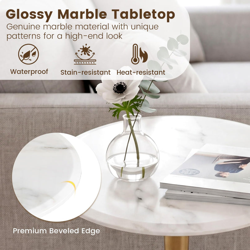 Giantex Round Marble Side Table w/Stone Finish & Wooden Pedestal (1/2)
