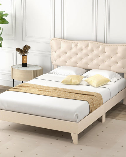 Giantex Full Size Bed Frame Beige, Linen Fabric Upholstered Platform Bed Frame with Nail Headboard