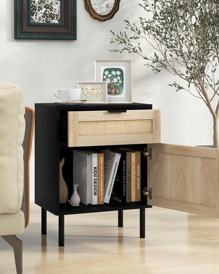 Giantex Table de Chevet en Rotin (Lot de 2), Table d'Appoint Mid-Century Moderne avec Tiroir et Armoire, Table d'Extrémité de Canapé avec Pieds en Métal Robustes