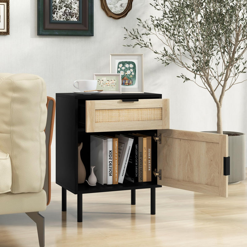 Giantex Table de Chevet en Rotin (Lot de 2), Table d'Appoint Mid-Century Moderne avec Tiroir et Armoire, Table d'Extrémité de Canapé avec Pieds en Métal Robustes