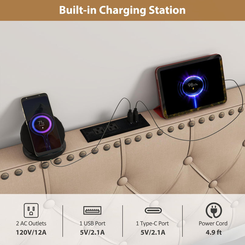 Tête de lit Giantex avec station de charge Grand lit/lit double Capitonnée cloutée (Capitonnage en losanges cloutés avec chargement)