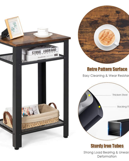 Side Table Industrial 3-Tier W/Mesh Shelves