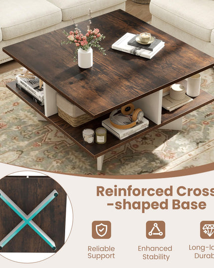 Giantex Square Coffee Table with 4 Storage Compartments & Cross Shape Base