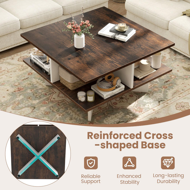 Giantex Square Coffee Table with 4 Storage Compartments & Cross Shape Base