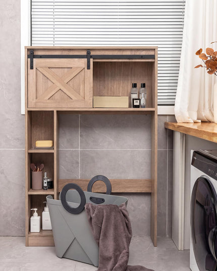 Giantex Over The Toilet Storage Cabinet - Freestanding Bathroom Organizer with Sliding Barn Door & Storage Shelves