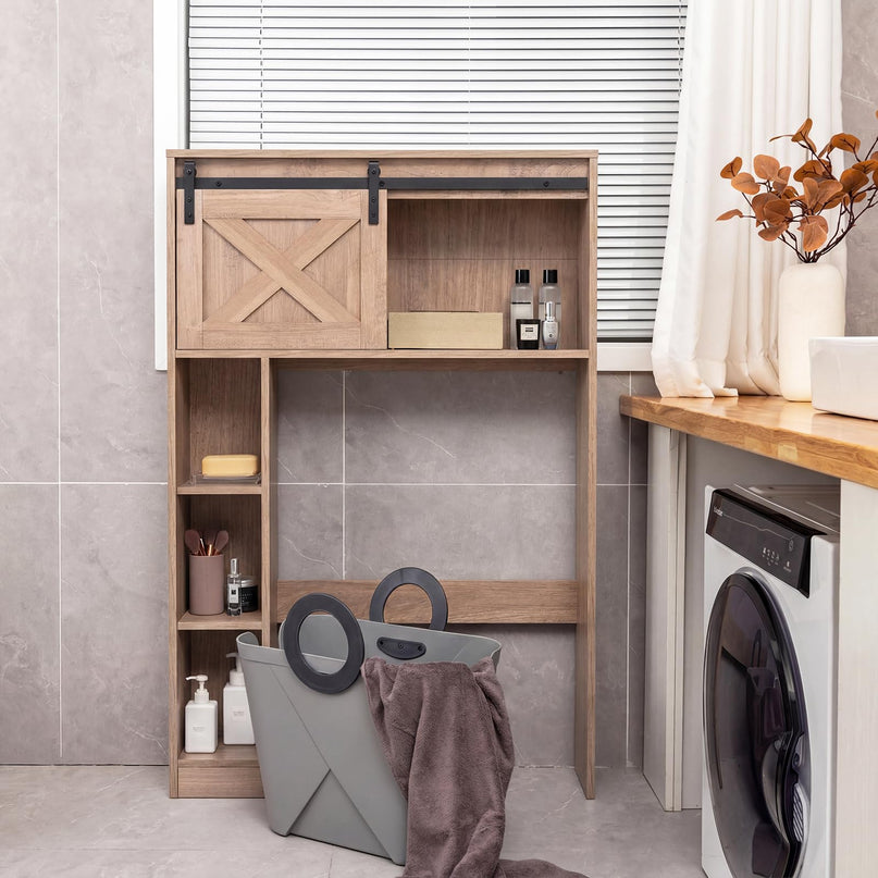 Meuble de rangement sur les toilettes Giantex - Organisateur de salle de bain autoportant avec porte de grange coulissante et étagères de rangement