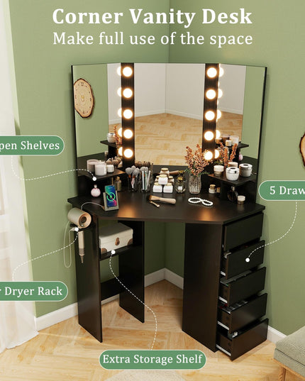 CHARMAID Corner Vanity Desk with Mirror and Lights