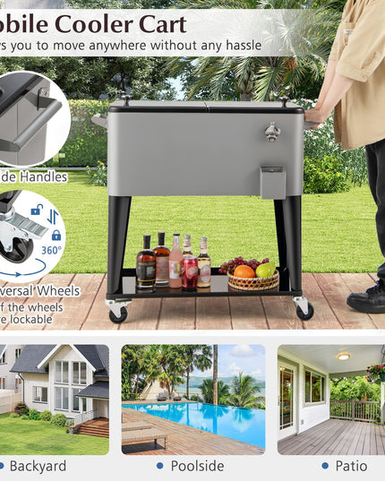 Giantex 80 Quart Rolling Patio Cooler Cart with Bottom Storage Shelf & Drain
