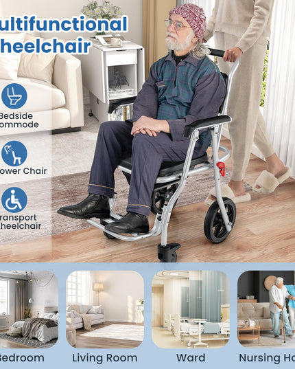 Giantex Bedside Commode Wheelchair for Toilet - Foldable Shower Chair with Arms, Lockable Casters