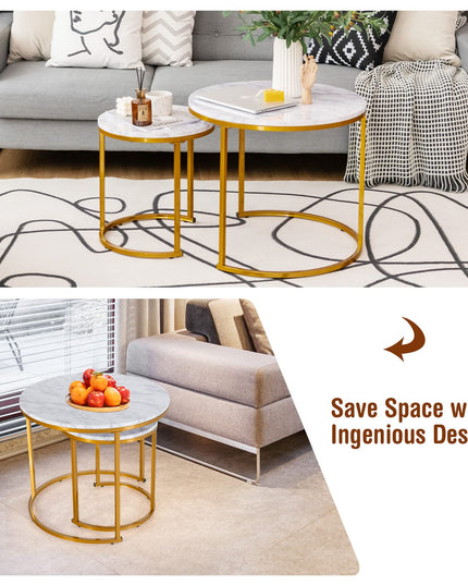 Giantex Nesting Coffee Table Set of 2, Round Stacking Side Tables with Wooden Tabletop & Powder Coated Steel Frame