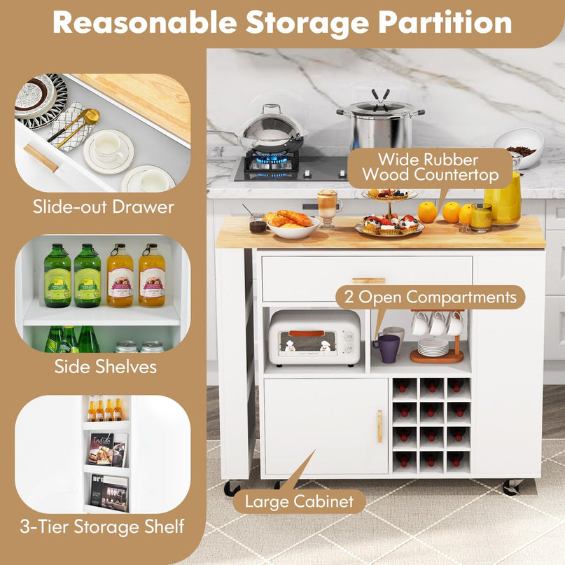 Giantex Mobile Kitchen Island Cart - 2-in-1 Reversible Serving Cart Bar Table Combo, White