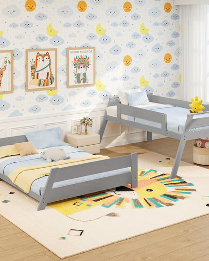 Giantex Wood Bunk Beds Twin Over Full Size, Solid Wood Floor Low Bunk Bed w/Removable Ladder