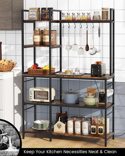 Giantex Bakers Rack with Power Outlets, 5-Tier Coffee Bar Table Organizer w/ 10 S-Shaped Hooks, 63" Large Microwave Stand