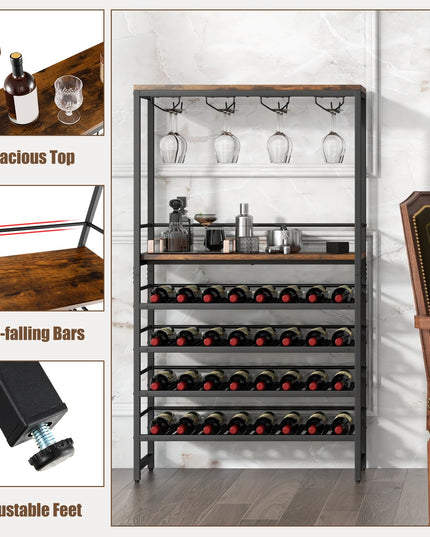 Floor Wine Rack w/ 4-Tier Wine Storage & 4 Rows of Stemware Racks